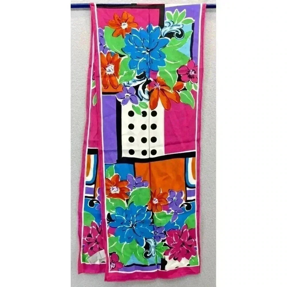 Vintage Sacha Silk Scarf Pink Purple Blue Green Floral 50" x 9"